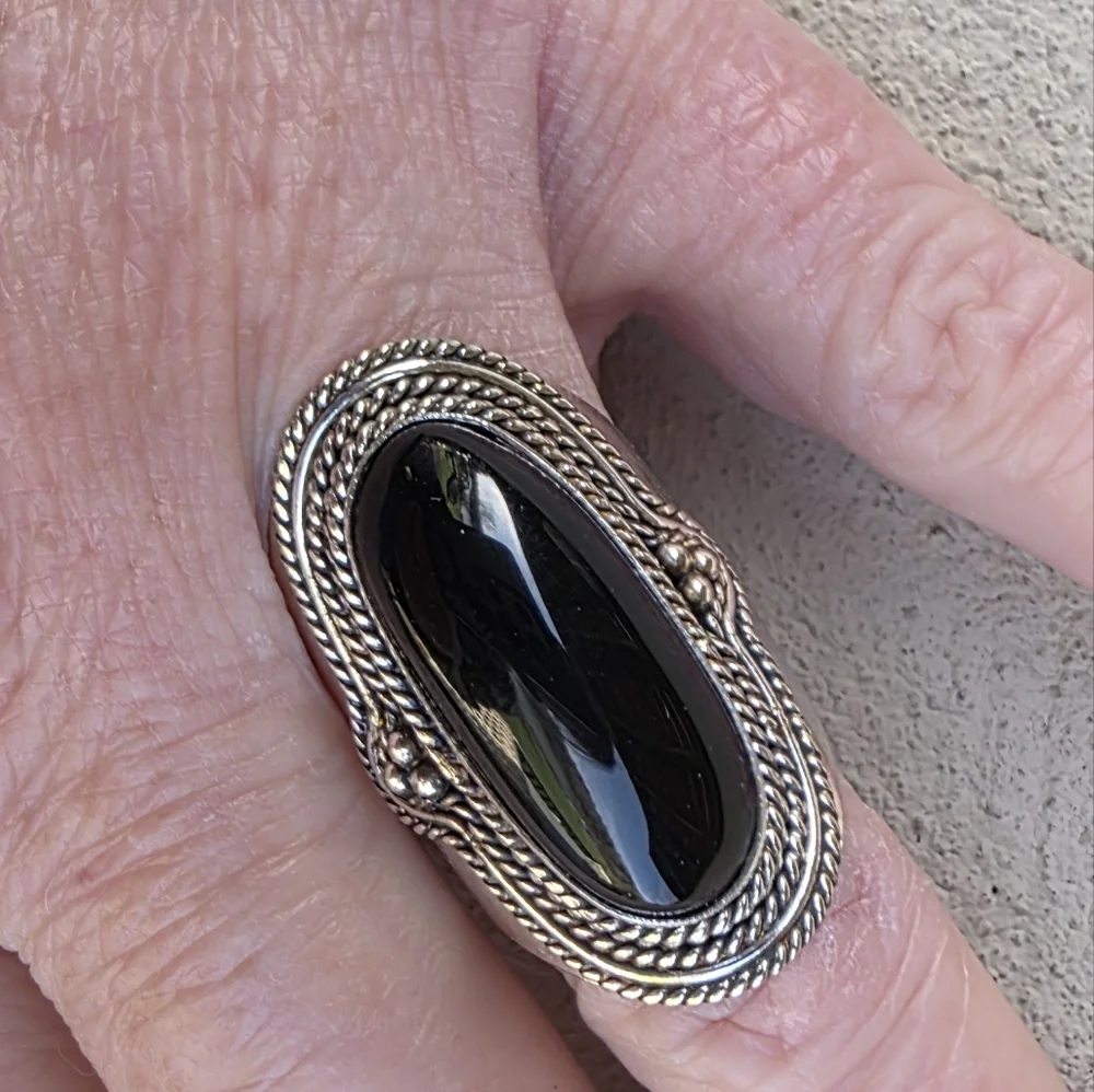 Long Black Onyx Boho Ring in 925 Sterling Silver (snug 9)